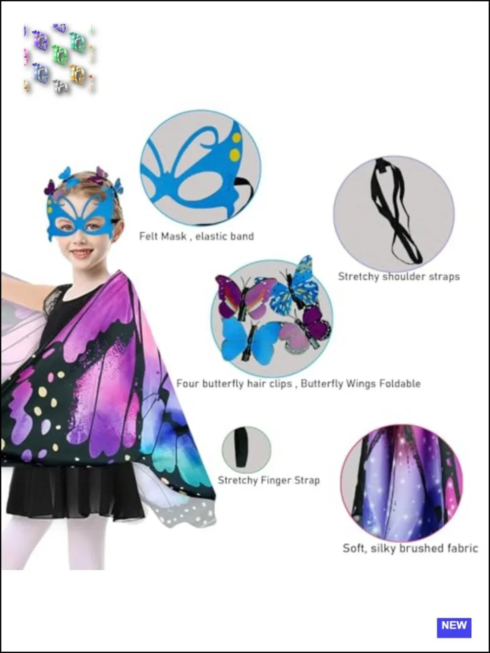 Kids Fairy Butterfly Wings Costume Set with Mask, Hair Clips, Halloween Dress